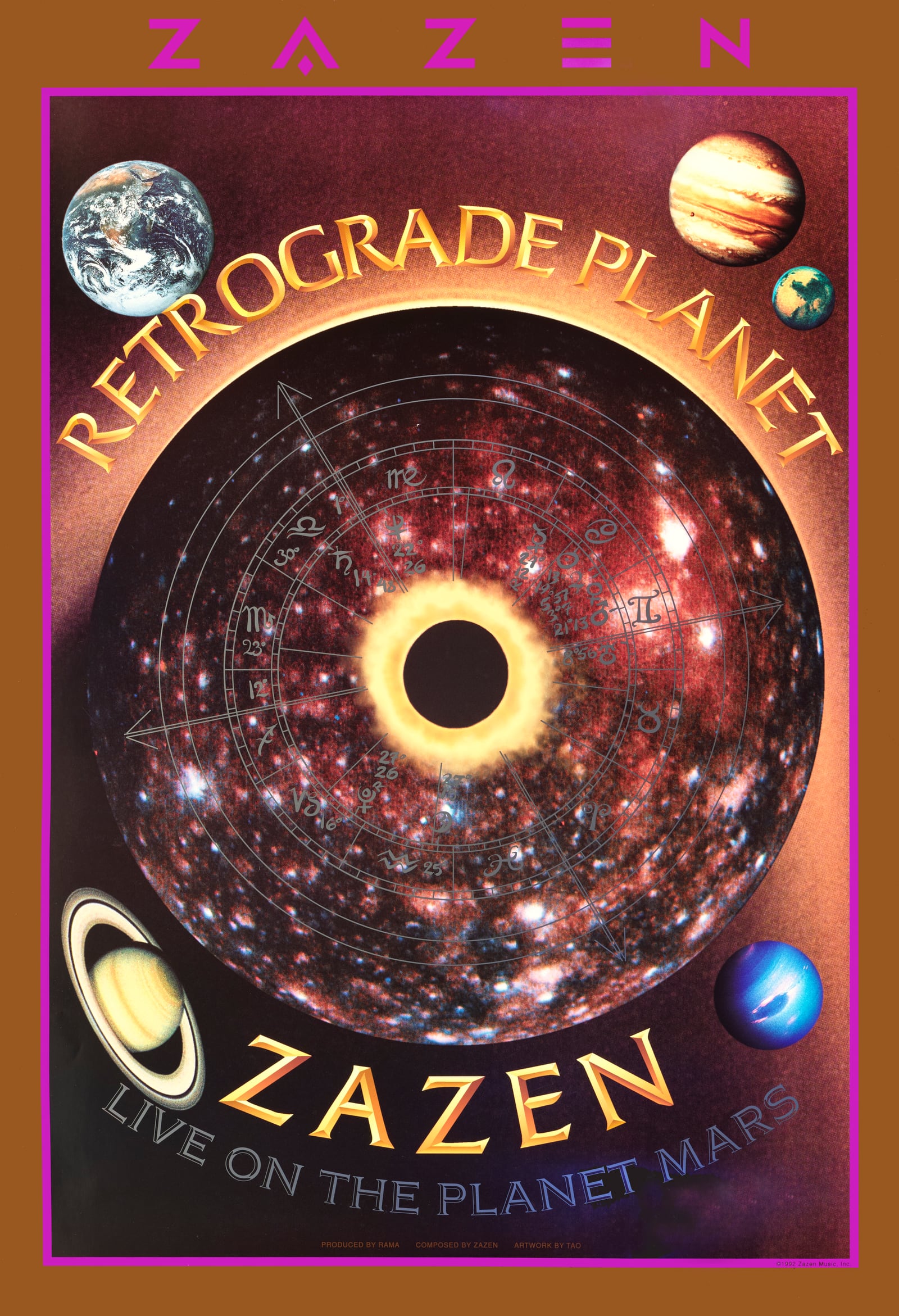 Zazen album poster for Retrograde Planet, Live on the Planet Mars, with an eclipsed sun and planets