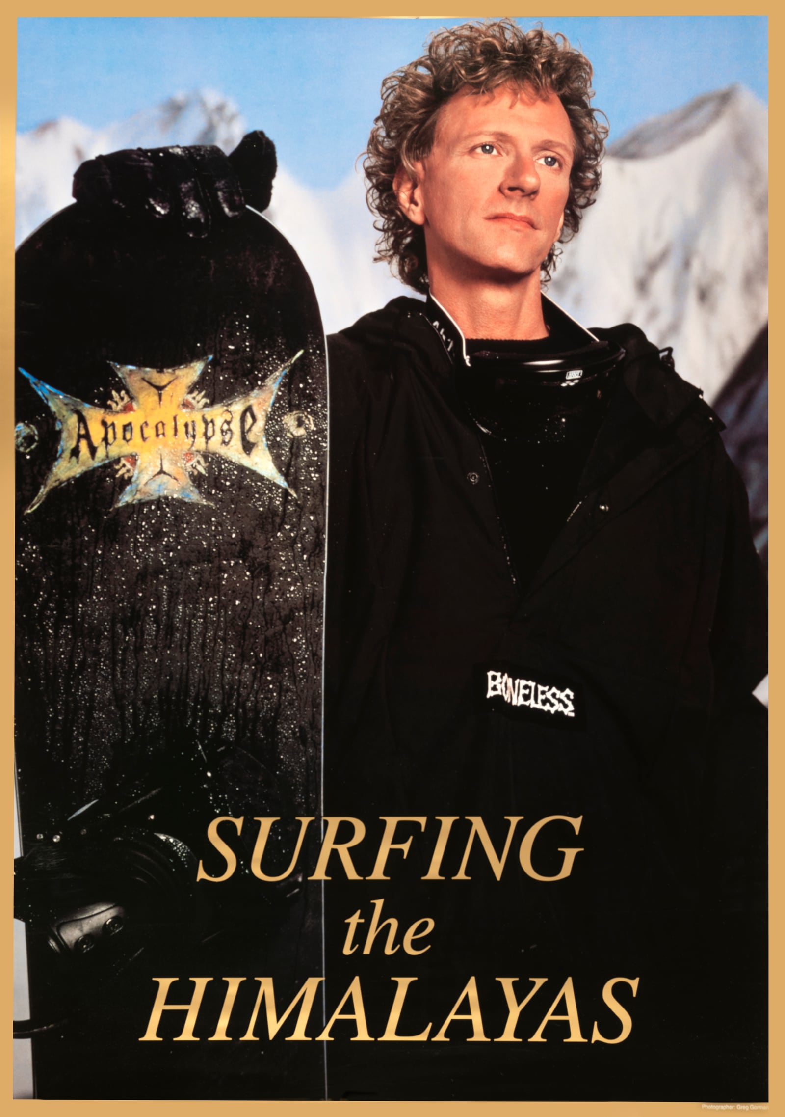 Surfing the Himalayas poster: Rama holding a snowboard against snow peaks