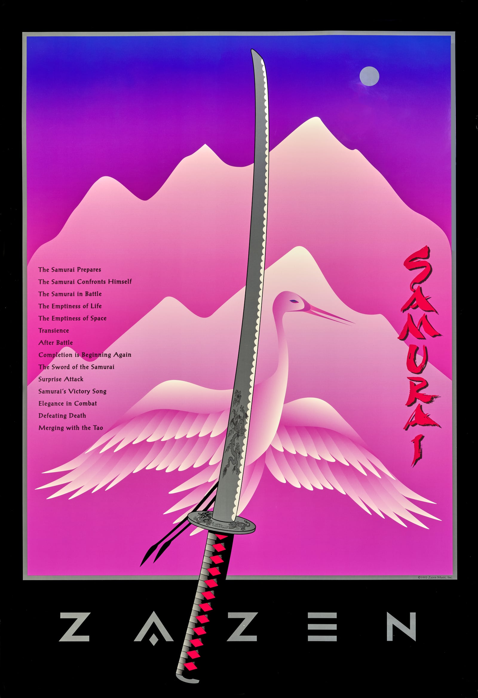 Zazen album poster for Samurai, with a sword, crane and mountains