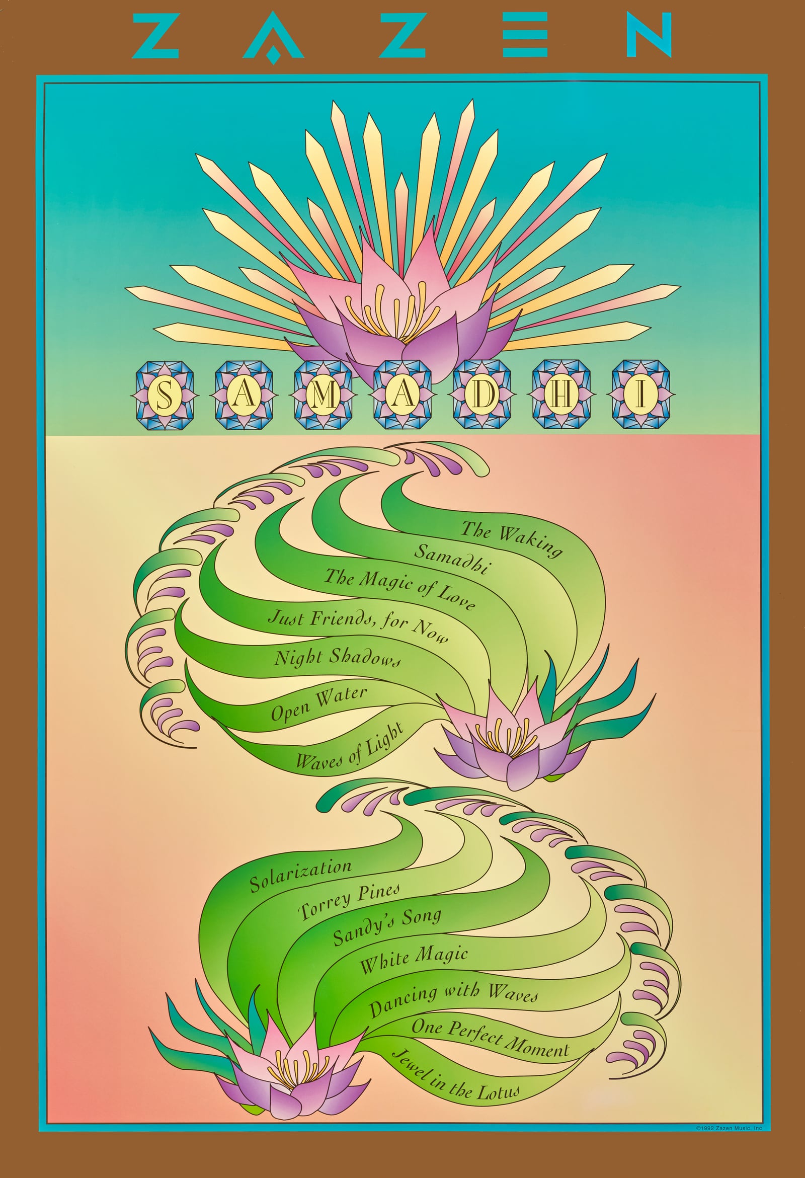 Zazen album poster for Samadhi, with lotus flowers and a track list on ribbons